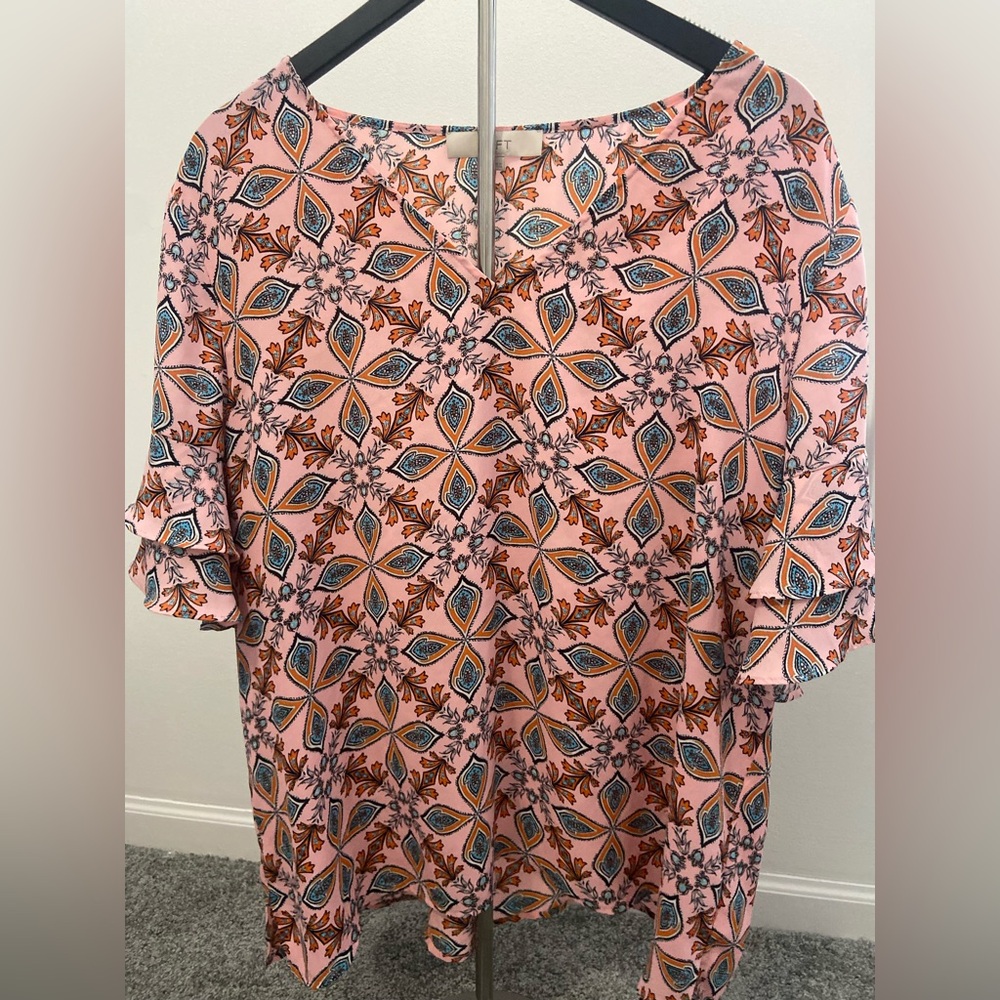 LOFT Pink and Blue Patterned Blouse